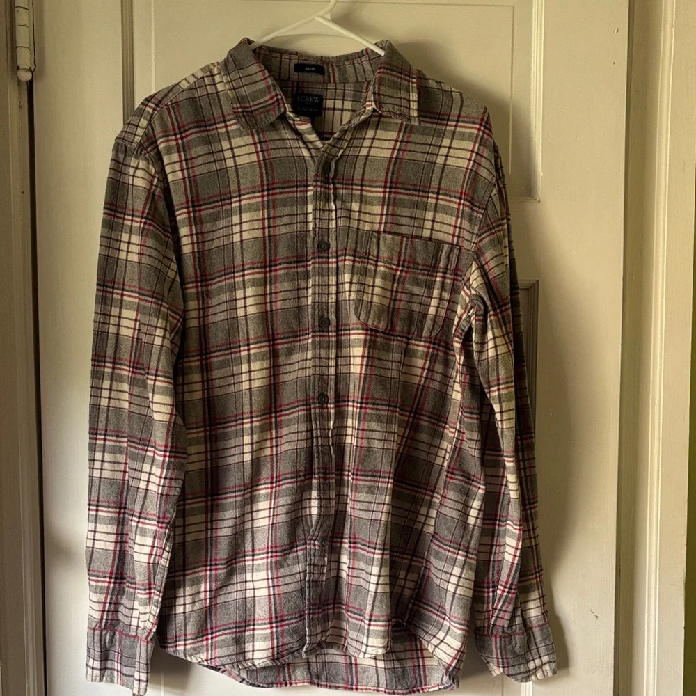 J. Crew Men's Plaid Button-Down Shirt in Cream, Gray & Red